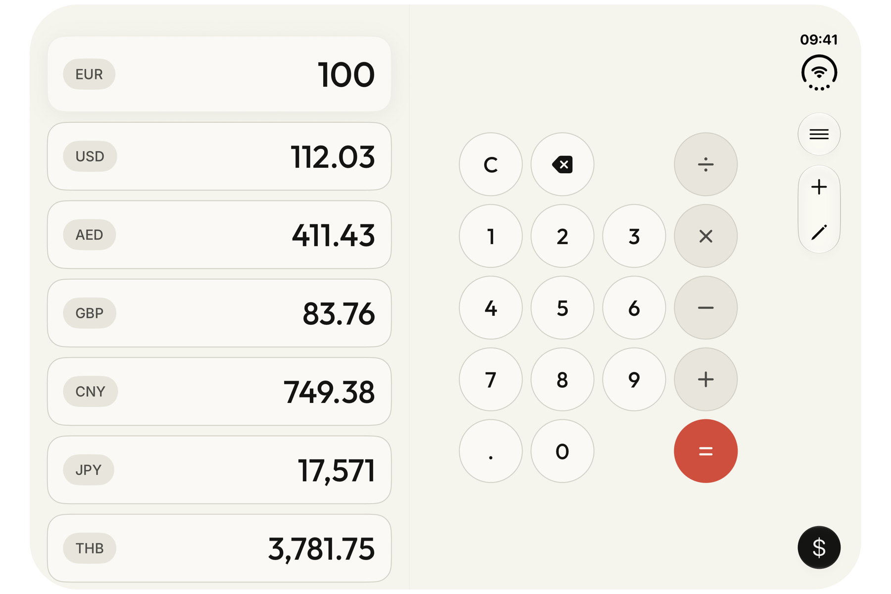 JustConvert on iPhone Duo open wide, with EUR 100 conversions beside the keypad