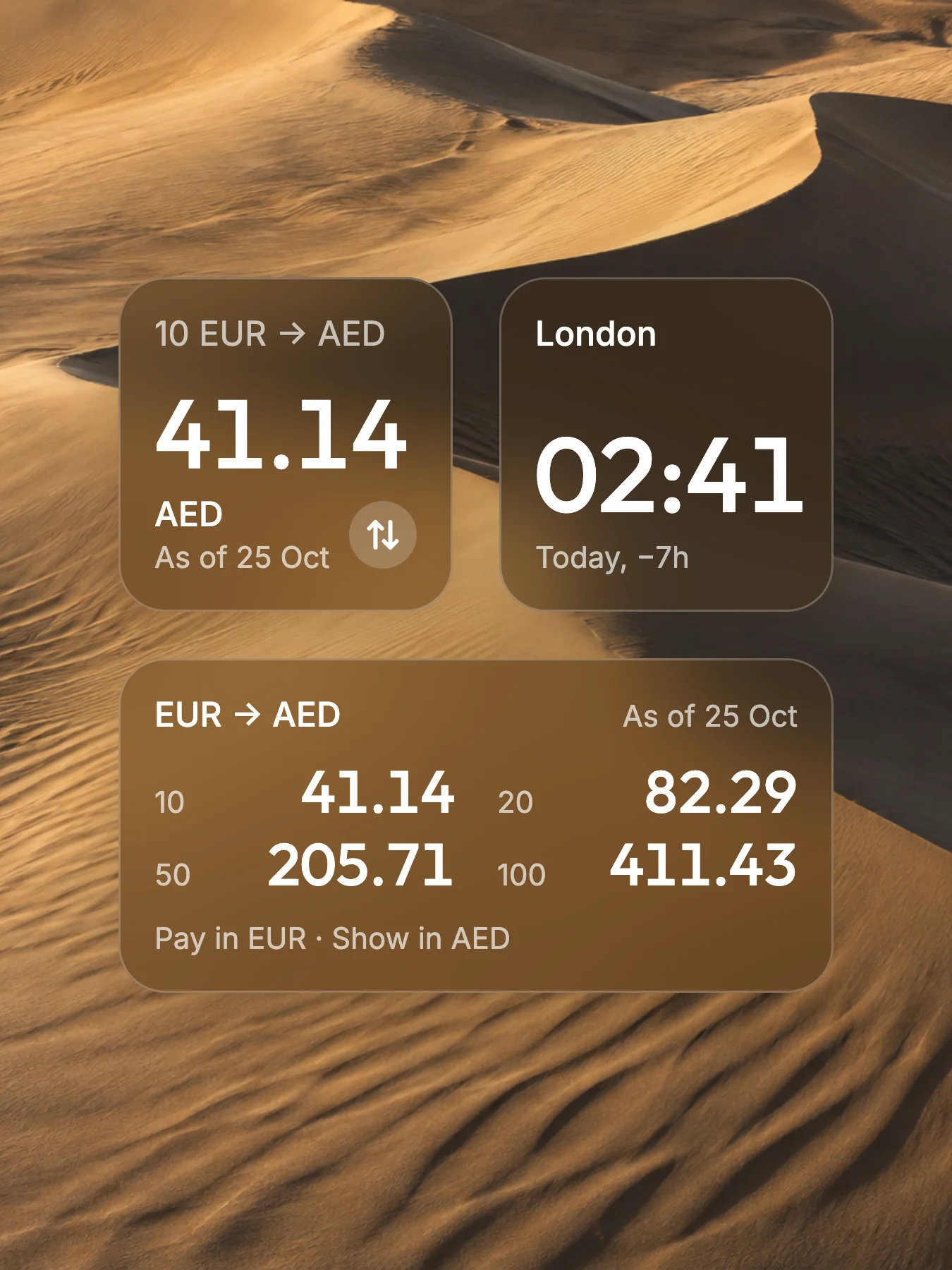 JustConvert Rate, World clock, and Price guide widgets on a Home Screen