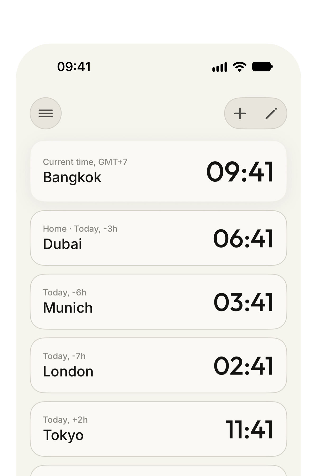 JustConvert world clock screen