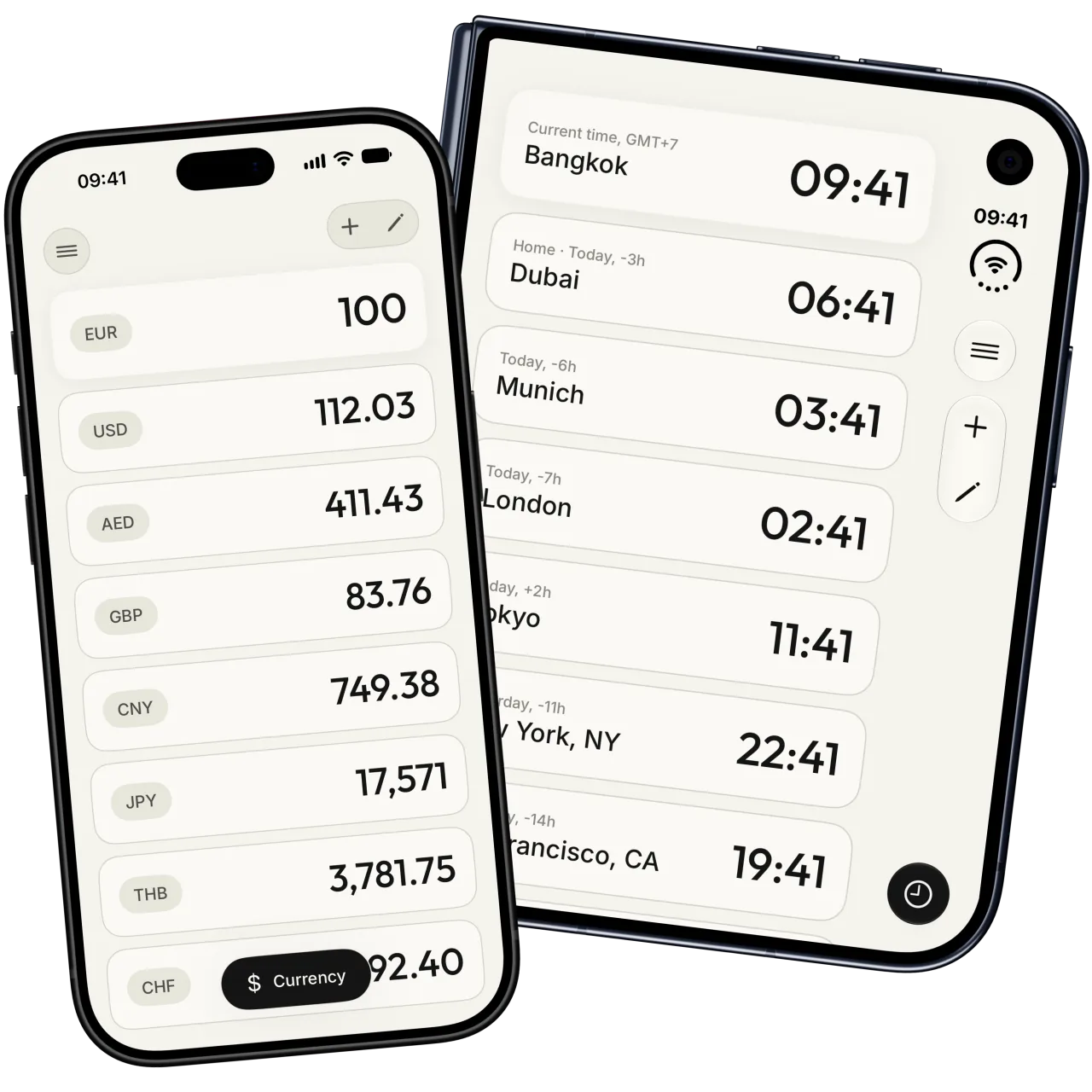 JustConvert currency conversion on iPhone and world clock on iPhone Duo